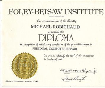 Foley-Belsaw Certificate